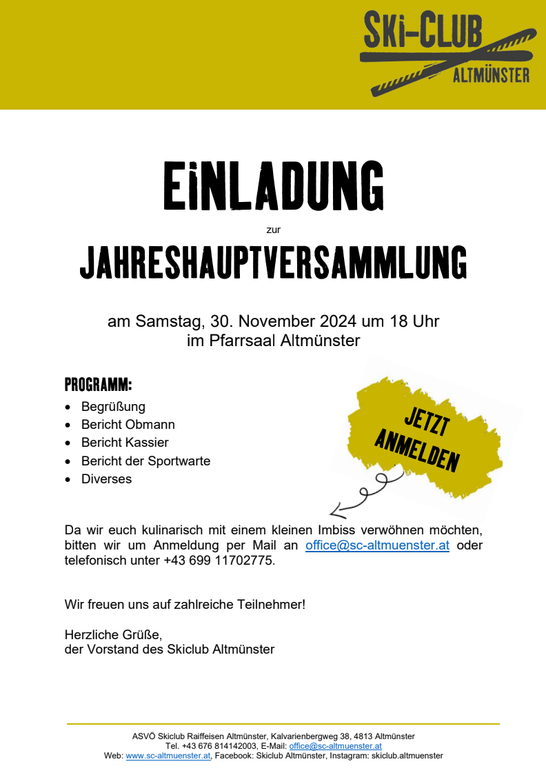 Einladung zur Jahreshauptversammlung 2024 des Skiclubs Altmünster